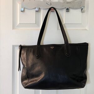 Fossil Sydney Black Leather w/ Gold Tone Trim Shopper Tote Bag Carryall Purse